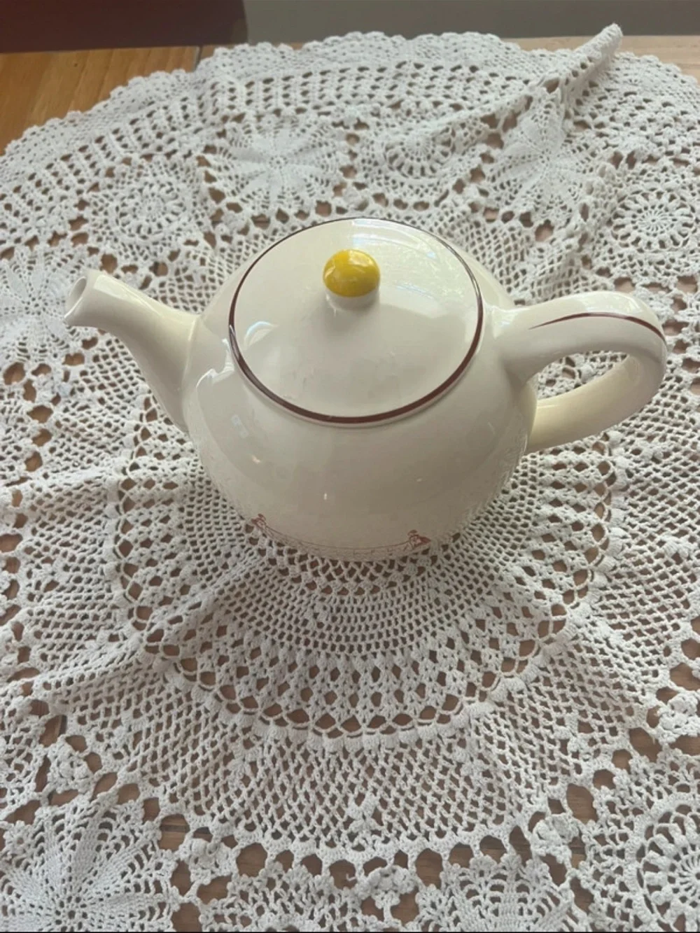 Vintage White Ceramic Teapot with Red Transfer Motif